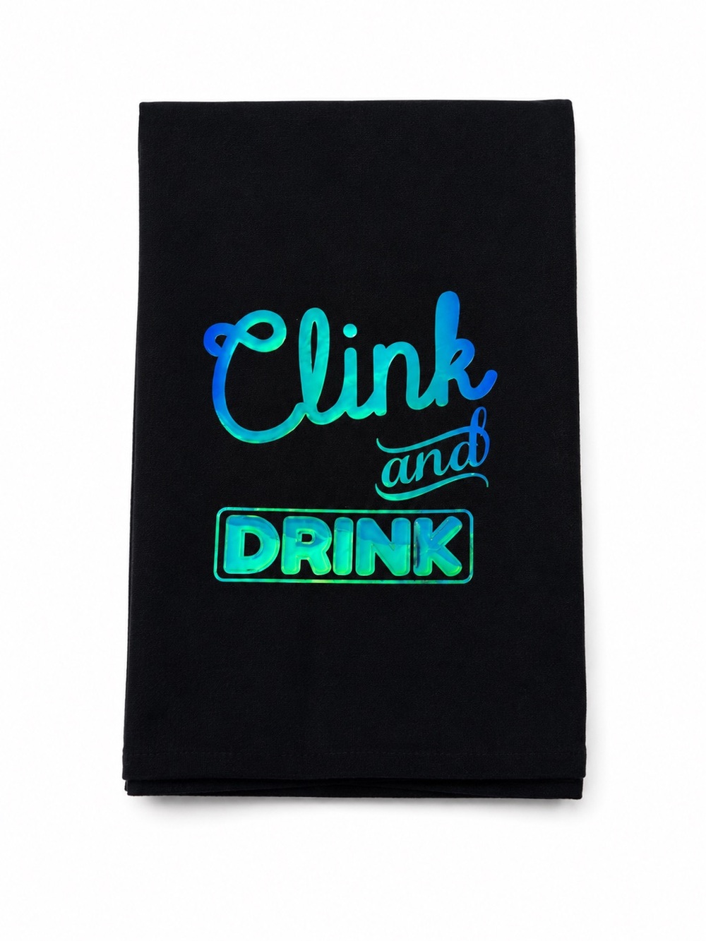 Mahjong  Clink and Drink Black kitchen towel with holographic lettering NEW